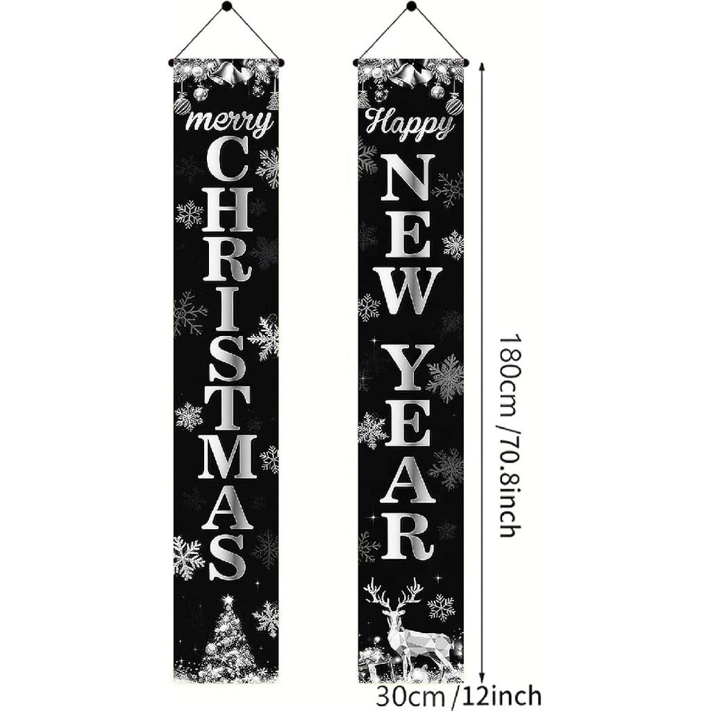 Happy New Year Porch Banner Holiday Party Decoration Black And Silver Hanging Door Sign Outdoor Indoor Festive Wall Decor Snowflake Reindeer Design