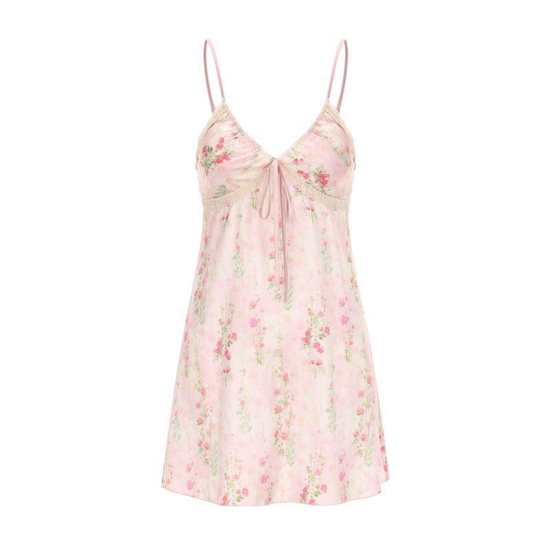 Good Morning Love with You Ice Silk Satin Padded Strap Nightdress Pure Floral French Sexy Pajamas for Women