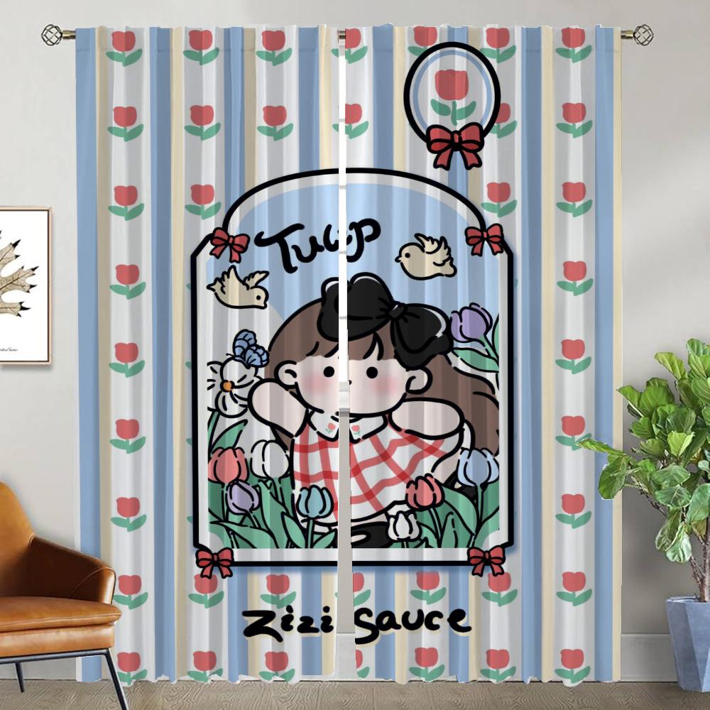 Cute Girl Home Interior Curtains 2 Pieces Curtains for Bedroom Blackout Curtain Living Room Curtain Halloween Decoration Shades