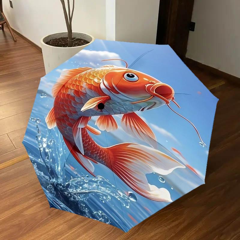 1PC Koi fish Automatic Open/Close Umbrella with Windproof, 8-Rib Sturdy Canopy, Durable Ribs, Fashionable Design, Outdoor Accessory, Fun Prin, Holiday