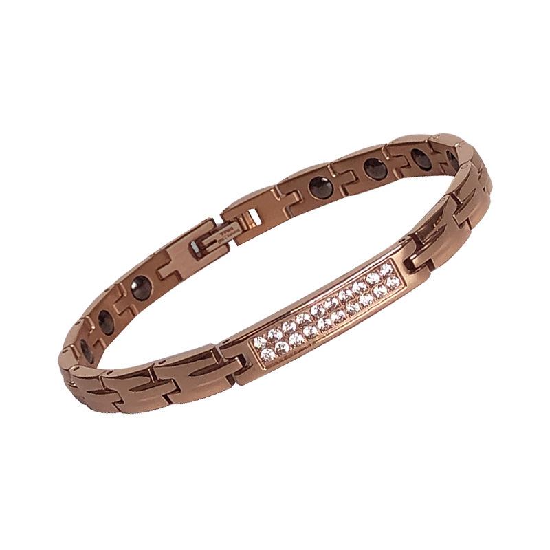Korean Style Rose Gold Rhinestone Couple Bracelet with Curved Stainless Steel Piece