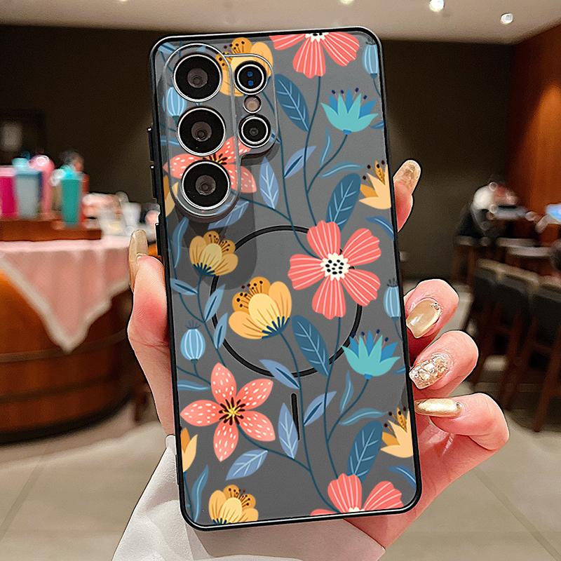 Cartoon Flowers Pattern Case For Samsung Galaxy S26 Ultra S25 Edge S24 Plus S23 FE S22 A54 A55 A56 5G Magnetic For Magsafe Matte Cover