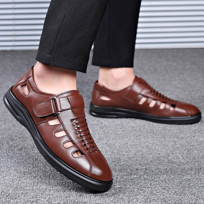Breathable Men'S Leather Sandals Cowhide Hollow Hole Shoes Casual Soft Sole Dad Sandals