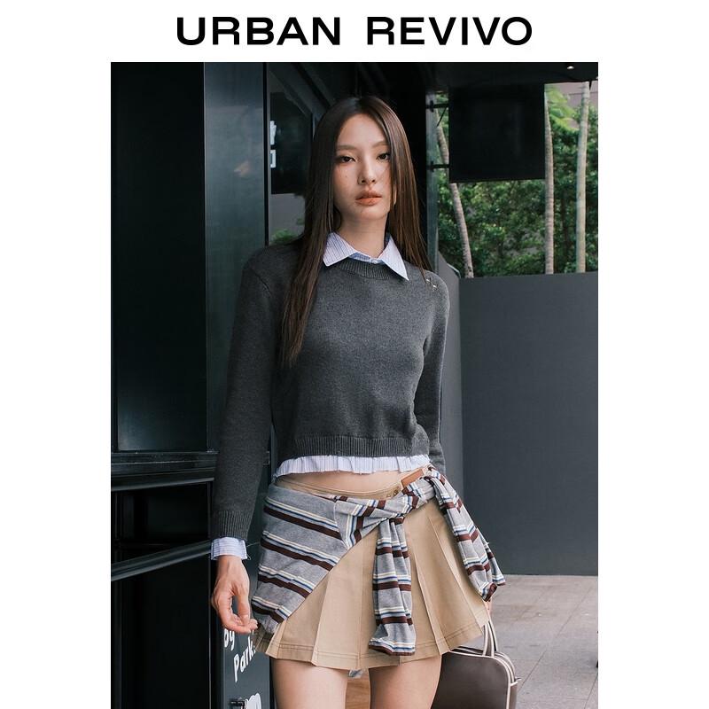 UR 2025 Autumn Women's Faux Two-Piece Striped Ripped Knit Polo Sweater