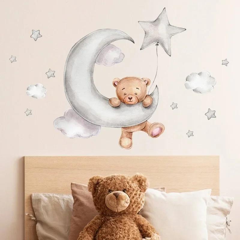 Moon Cloud Big Wall Stickers for Kids Rooms Boys Stars Large Wall Stickers for Kids Rooms Bear Bedroom Decoration