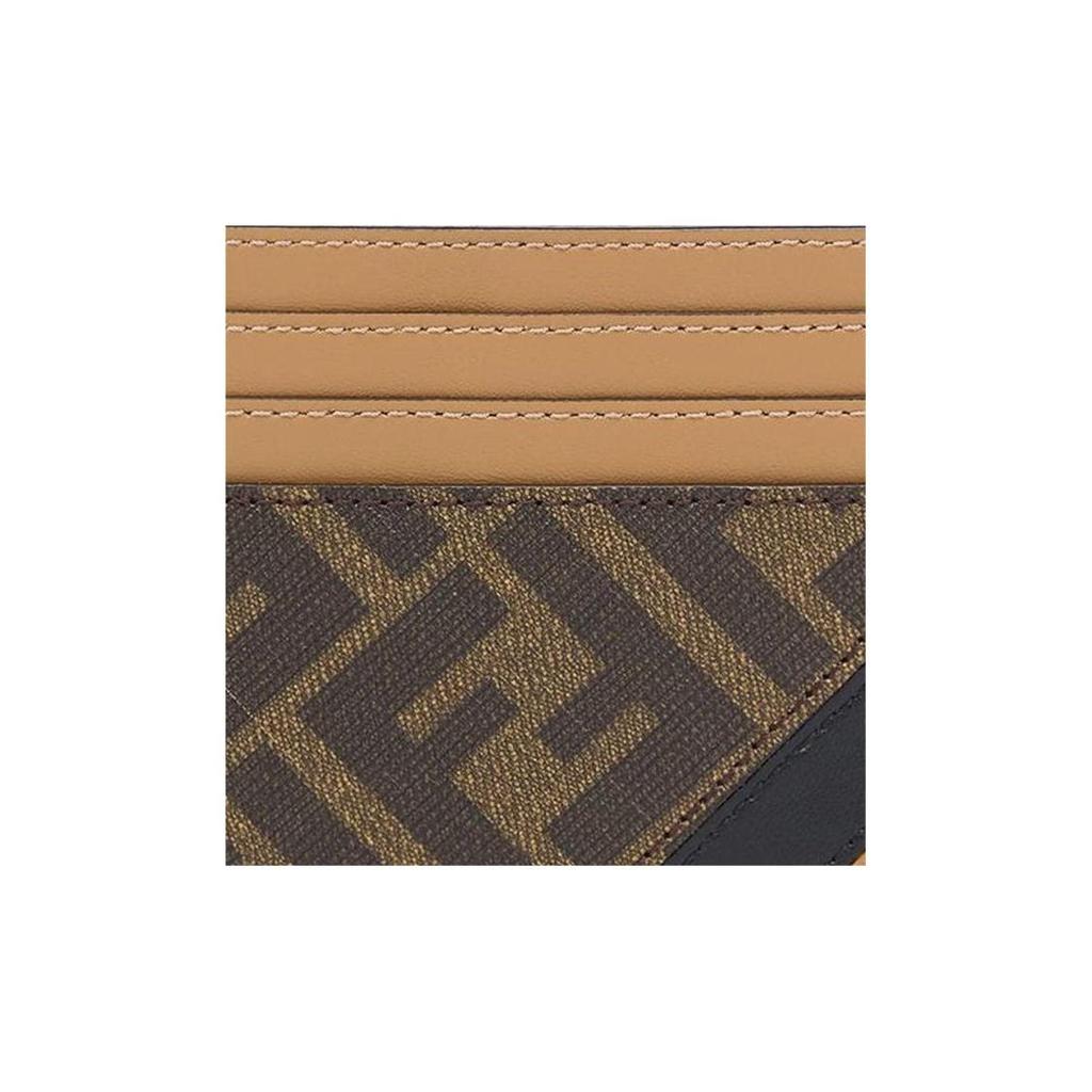 FENDI Classic Double F Logo Contrast-Striped Calfskin Card Holder for Men in Brown