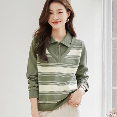 Damen Pullover mit olivgrünen Streifen, Strick, Polokragen, Langarm, Lockerer Schnitt, Lässiges Oberteil