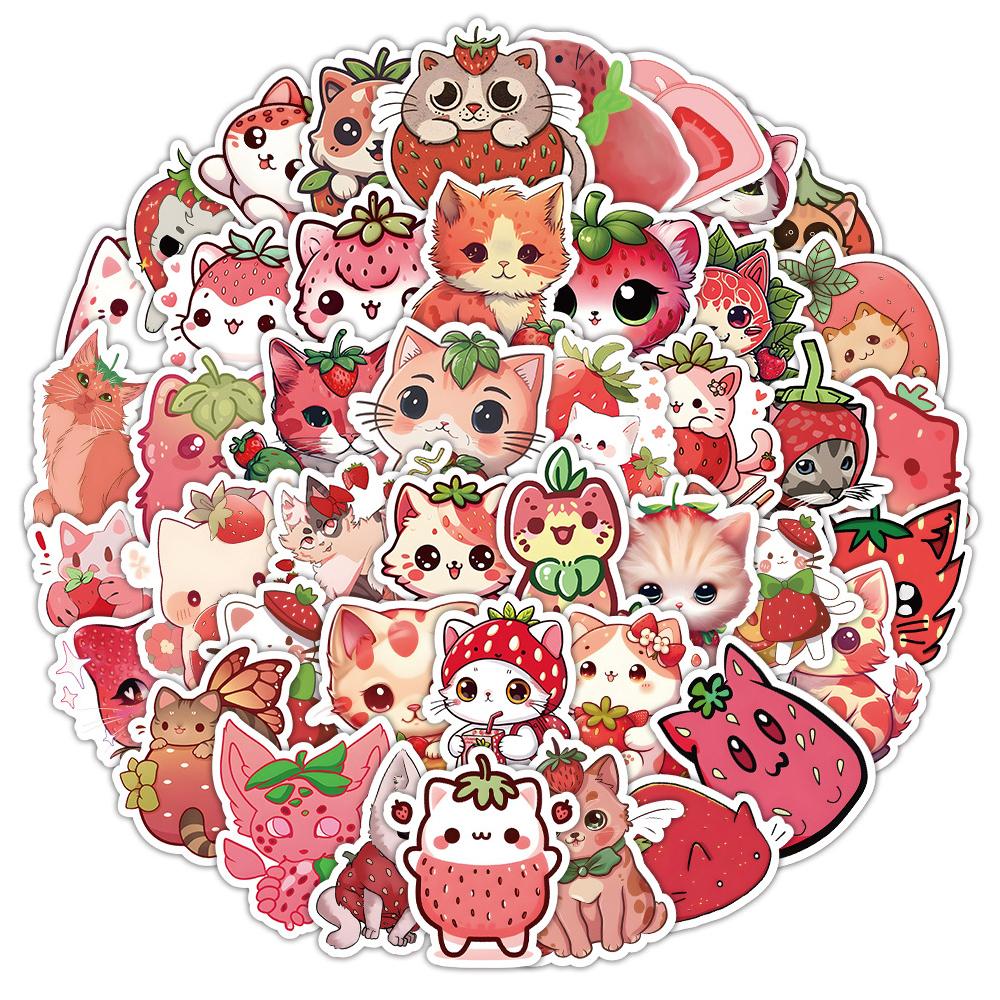 10/30/50pcs Kawaii Cute Cartoon Strawberry Cat Stickers Decals for Kids Toy Water Bottle Scrapbook Phone Case Graffiti Sticker