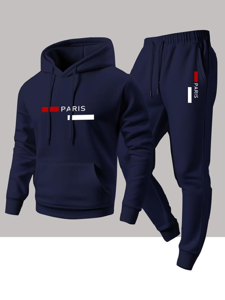 Men's Casual Fashion Two-Piece Set: PARIS Letter Print Hooded Sweatshirt & Pants