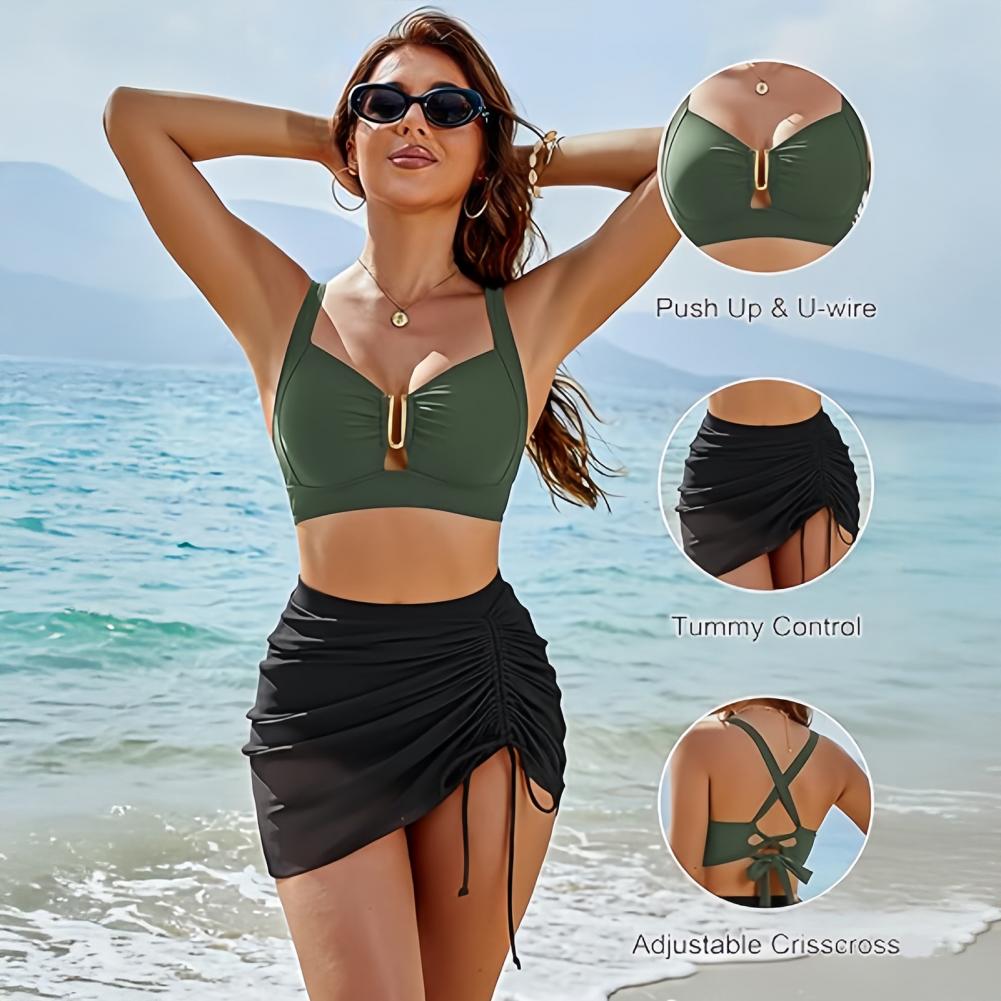 Women Two Piece Bikini Set U-wire Push-up Top Drawstring Tummy Control Swimsuit Summer Beach Pool Women Bathing Suit Swimwear