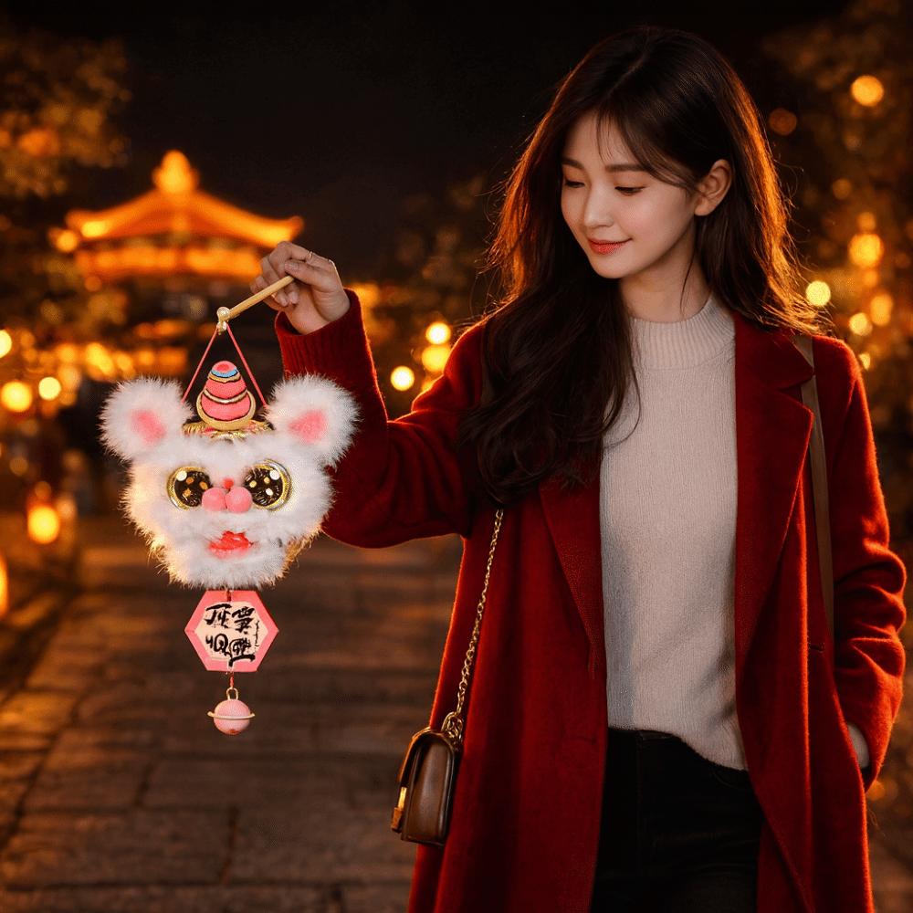 Cartoon Lion Dance Lantern Glowing Ancient Style DIY Lantern Kit with Bells DIY Material Package Chinese New Year Decor