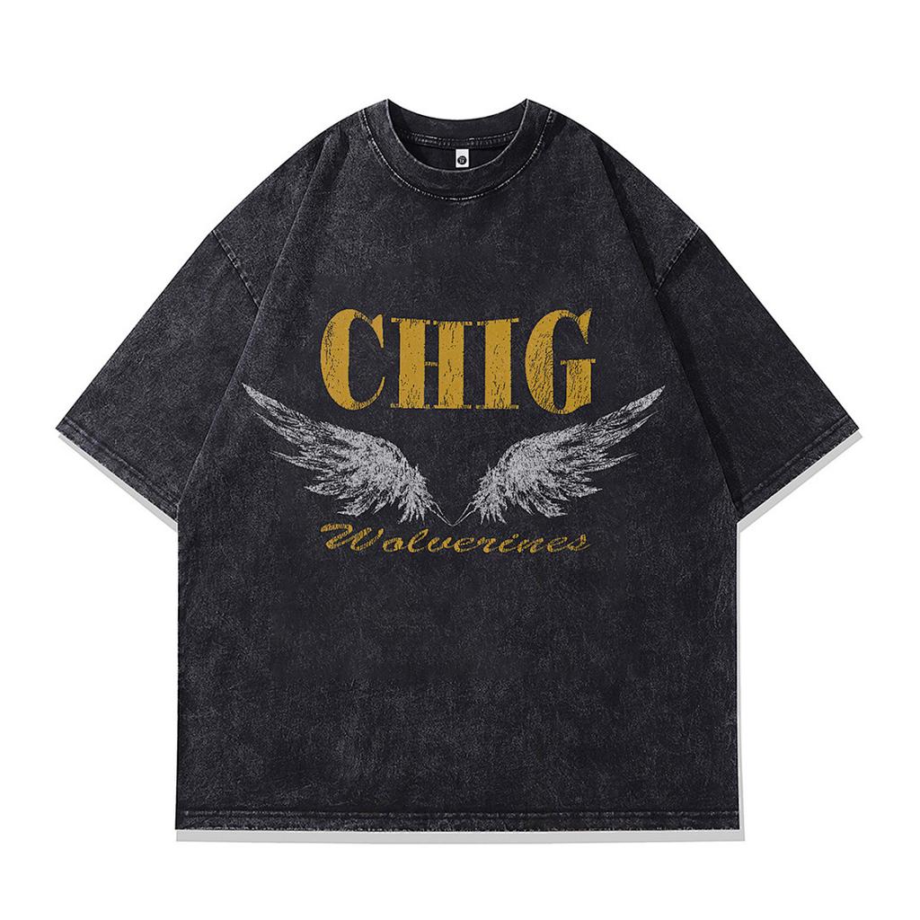 Heavy Weight Cotton Short-Sleeved T-Shirt High-Quality Digital Direct Injection Printing Half-Sleeved Washed Vintage T-Shirt