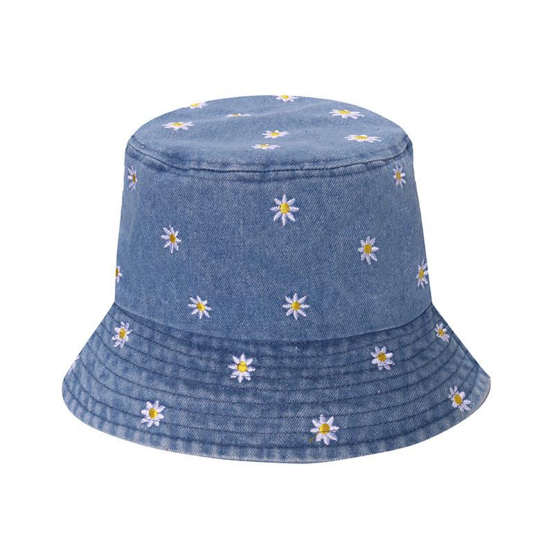 New Spring Summer Floral Embroidered Fisherman Hat Women Korean Style Sun Hat Cute Black Blue Flower