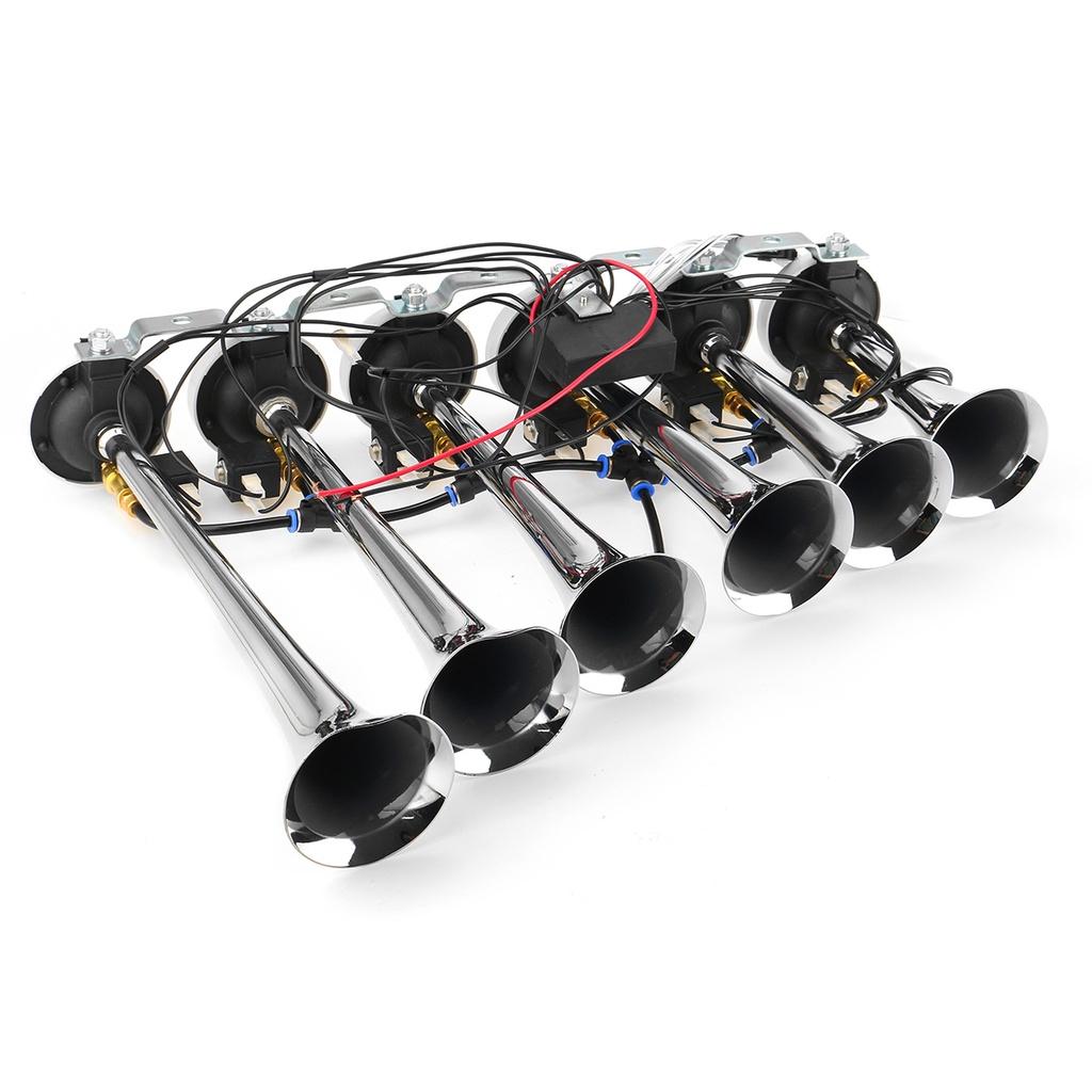 12-24V 6 Trumpet Car Air Horn Kit Ultra Loud 10 Different Sounds Control 1 pc Silver