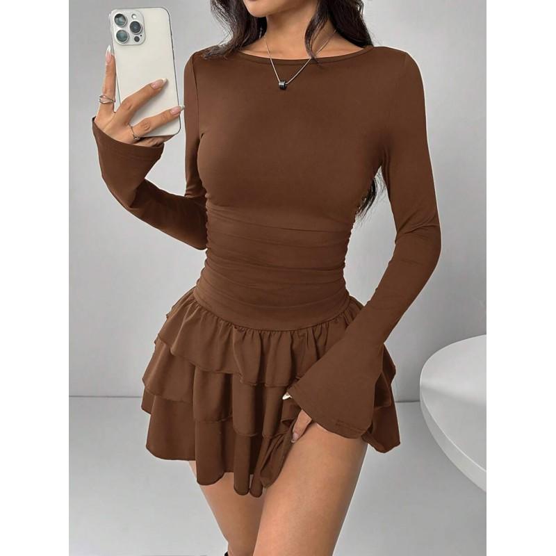 Womens Long Sleeve Dress - Solid Color Slim Fit Pleated 2025