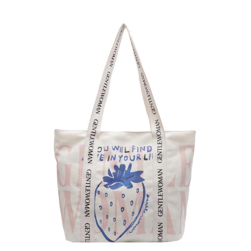 Cute strawberry printed tote bag college student class commute shoulder bag simple casual shopping bag