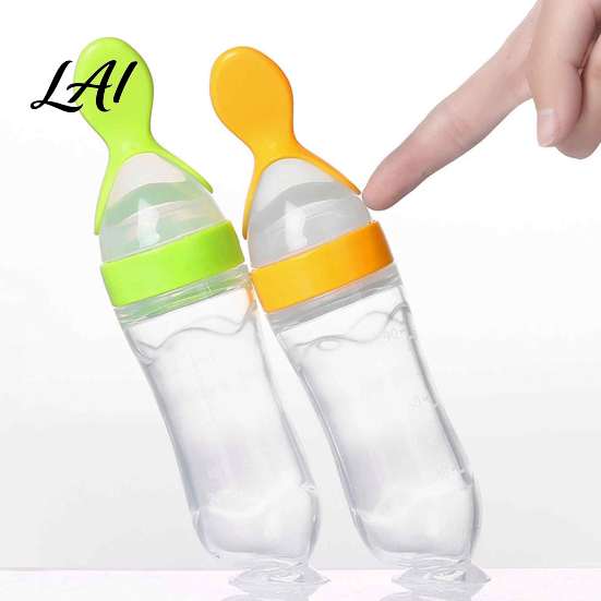 Ergonomic Baby Feeding Tool Silicone Squeeze Spoon Single-handed Rice Cereal Bottle with Soft Tip Spoon for Flow Control Easy Clean Dispensing