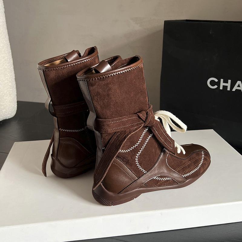 

Cowhide version~ inner height increase duck hunting boots women s ins versatile color matching lace-up boxing boots outdoor tooling sweet cool Mart 35