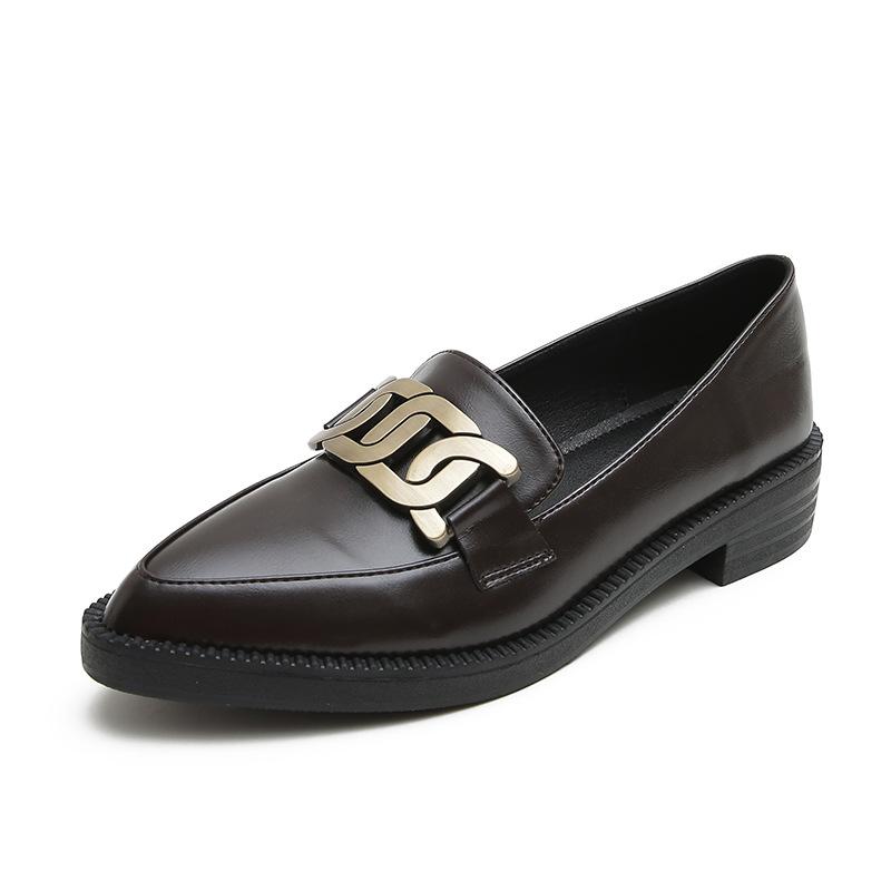 Fashion British Metal Chain Small Leather Shoes Women Oxfords Sneakers Derbies Shallow Pointed Toe Thick Heels Loafers Ladies Flats 2025