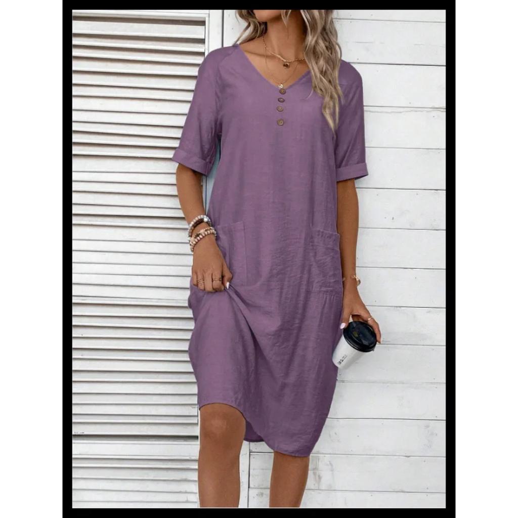 LYRIA Women's Cotton Linen Short Sleeved Dresses Loose And Comfortable Vacation Dress For Women
