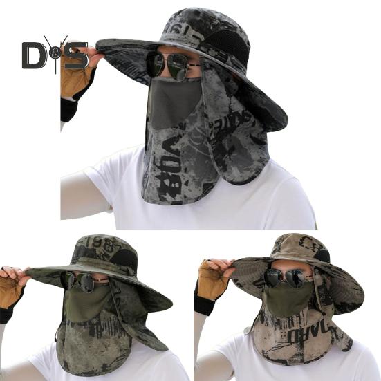 Men Fisherman Hat with Front Cover Large Brim Hollow Mesh Camouflage Print Anti-UV Sunlight Protection Quick Dry Great Breathability Outdoor Fishing