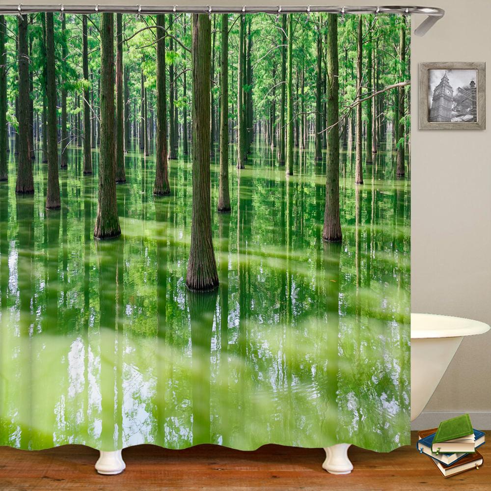 Forest Landscape Shower Curtain Garden 3D Green Plant Tree Natural Scenery Waterproof Polyester Bathroom Curtain Home Decor