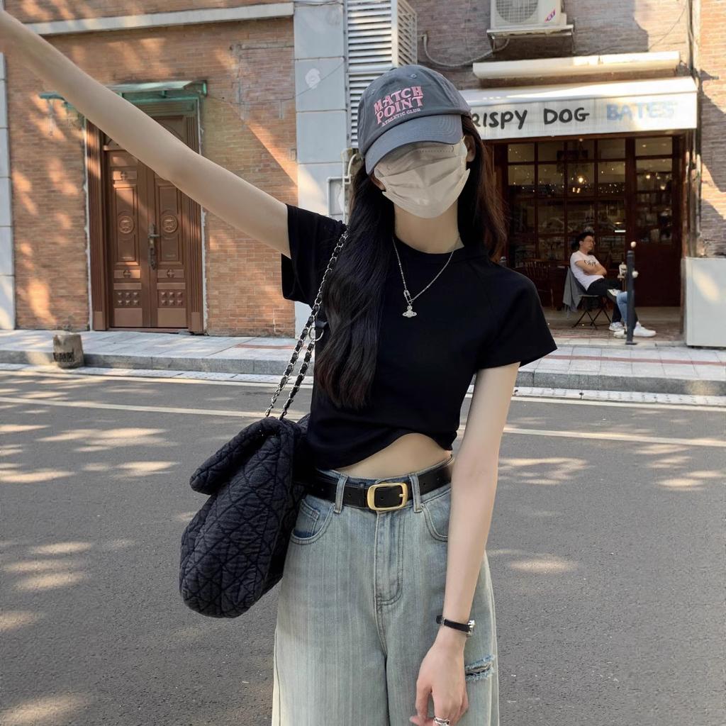 Solid color simple front shoulder crew neck short-sleeved T-shirt women's summer new Korean version slim and thin student tops trendy