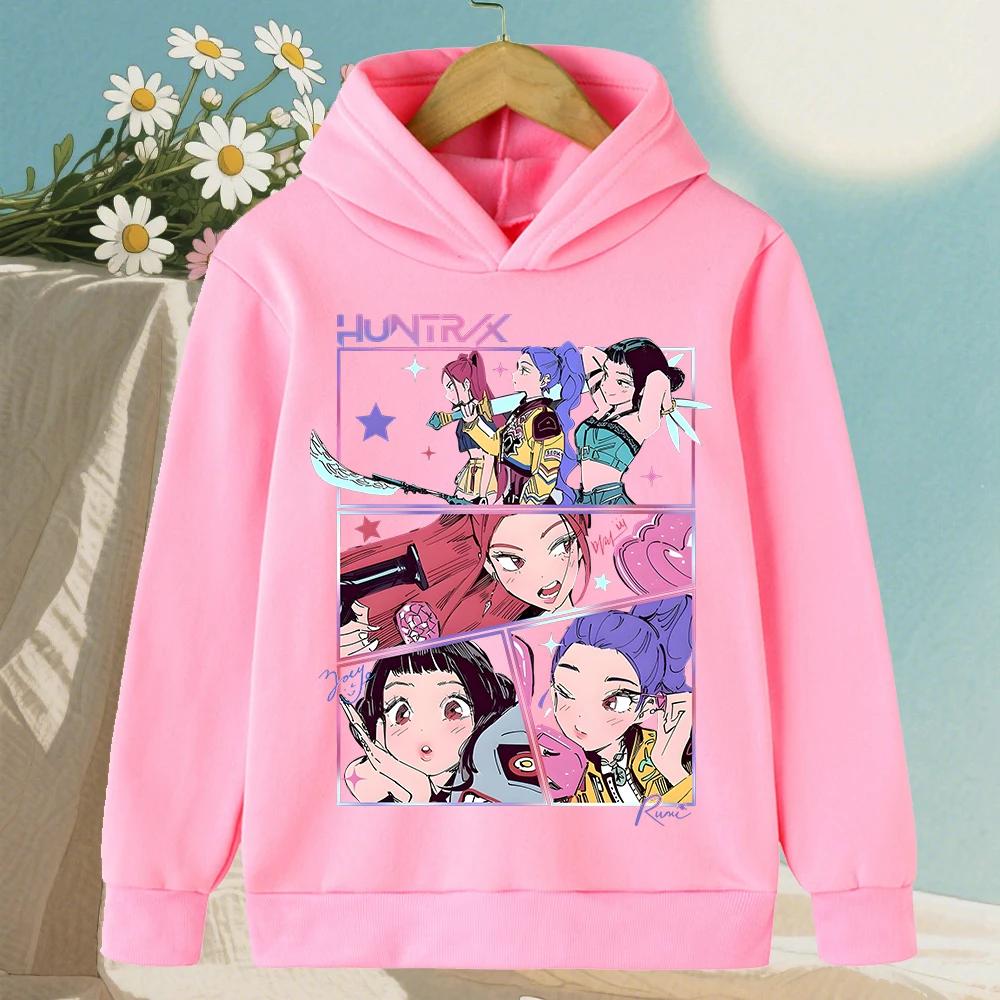 Cute Girls Hooded Sweatshirt Warm Rumi KPop Demon Hunter Cartoon Children's Wave Fashion Casual Tops Casual Black Pink Clothing