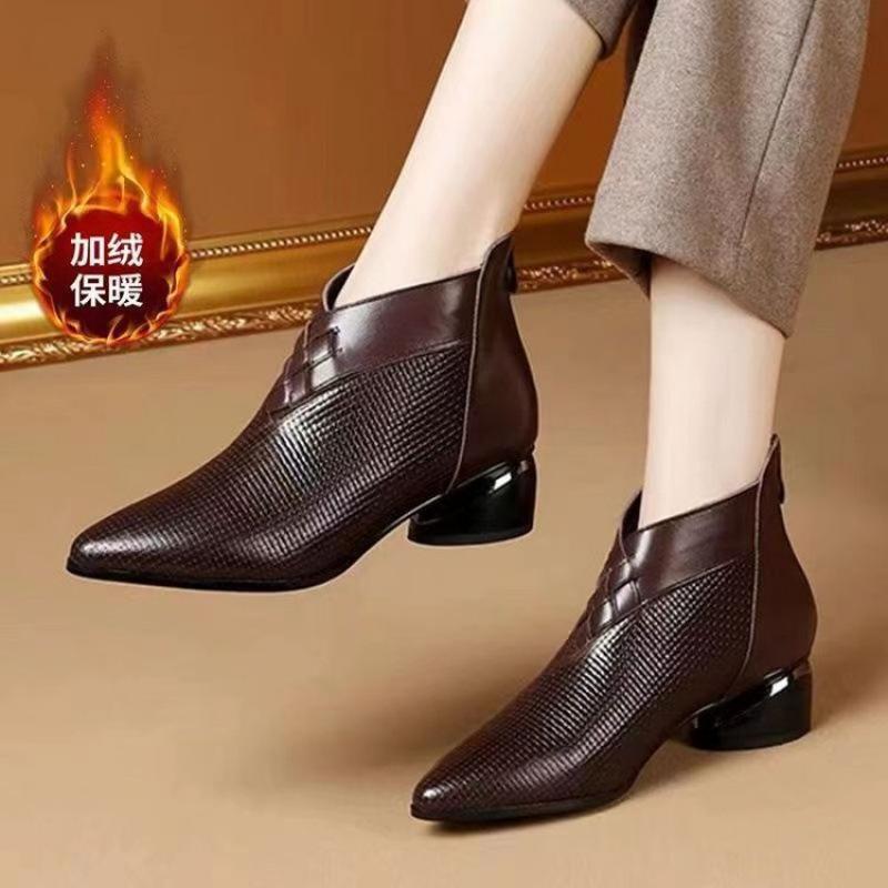 Coarse Heel Short Boots Spring and Autumn Boots and Ankle Boots Fleece Boots Pointed French Small Naked Boots