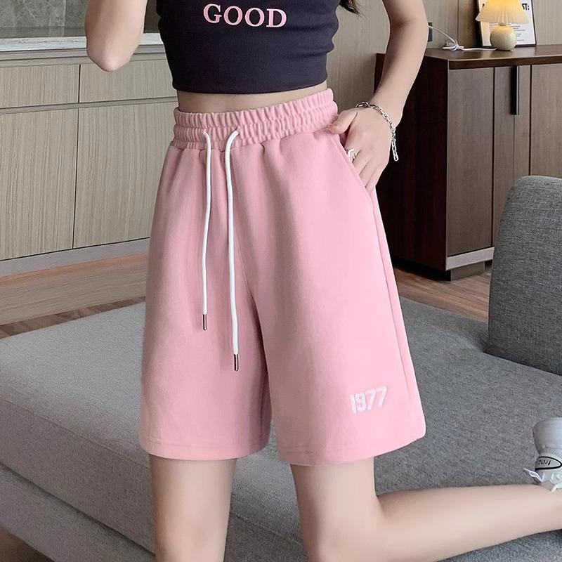 

Уличная одежда в стиле винтаж в стиле Гонконга, спортивные шорты, женские летние свободные тонкие повседневные брюки, брюки с высокой талией и застежкой-молнией L розовый