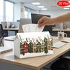 2D Flat, 1pc Tissue Box, Printed On Both Sides, Tissue Box with Checkered Lid Colorful Village with Small Houses Design, Durable Fabric Multi Function