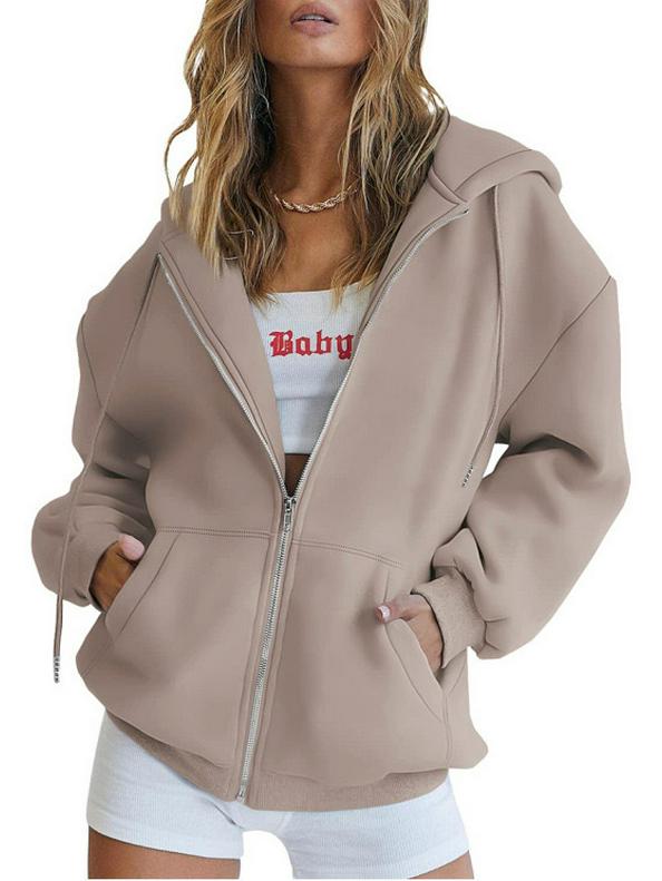 2023 Trendy Women's Solid Color Zipper Hooded Cardigan Jacket with Pockets