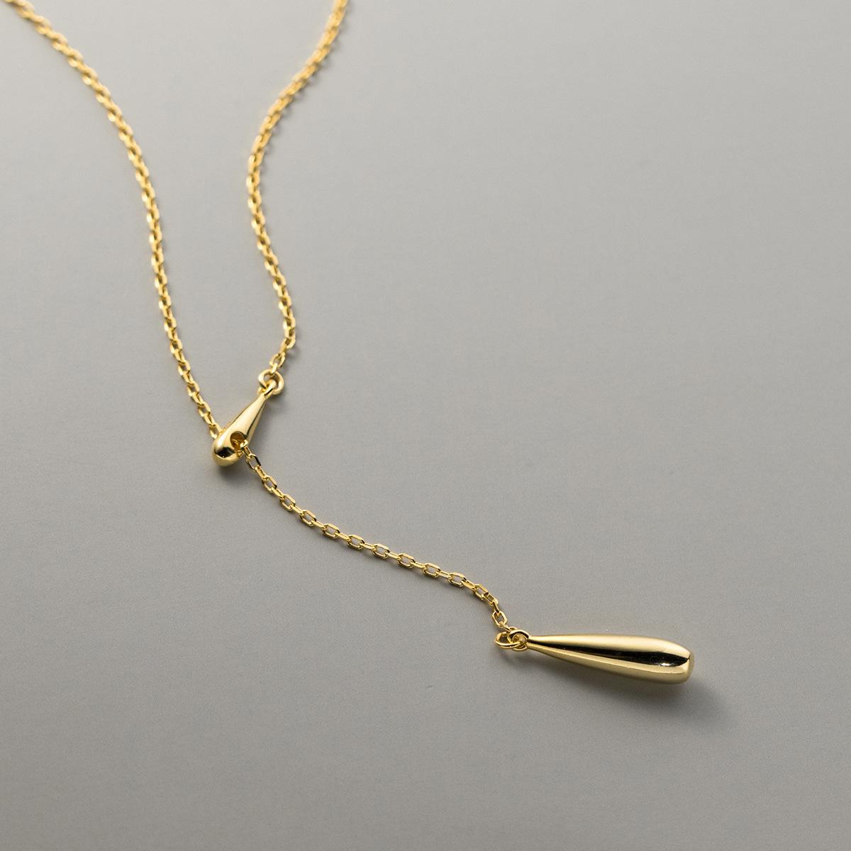 925 Sterling Silver Minimalist Water Drop Pendant Necklace for Women 18k Gold Plated Y-shaped Lariat Chain Necklace Jewelry