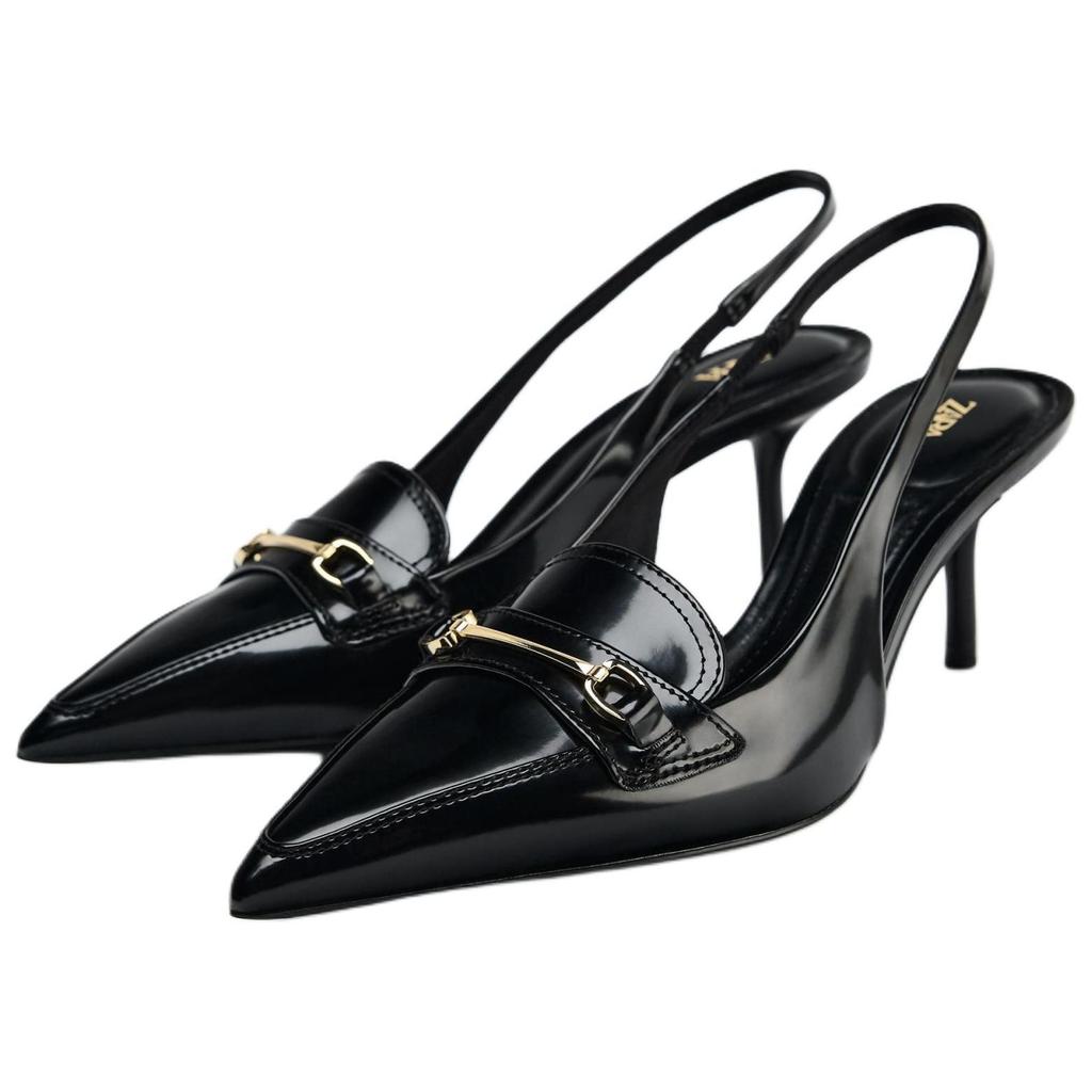 Zara Metal Detail Pointed Toe Slingback Heels Black Women 12218510-38