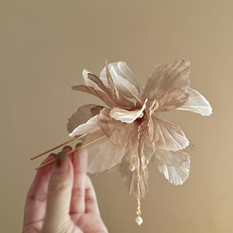 Korean Antique Chiffon Flower Pearl Tassel Hair Stick U-Shaped Hair Clip Temperament Chinese Style Hairpin For Women Headwear