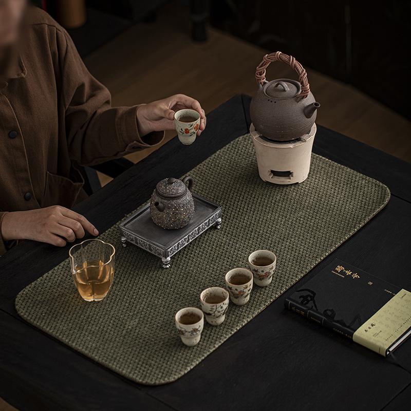 Miaozhu Xuan Retro Dwukolorowy Żakardowy Lniany Mata do Herbaty - Ręcznie Robiony Bieżnik Malowany Roślinnie do Chińskiego Wystroju Herbacianego