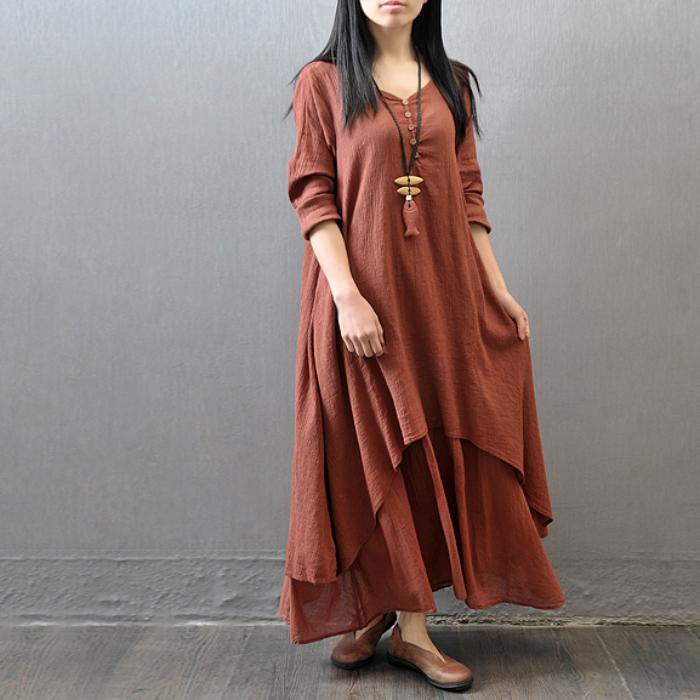 

Льняное платье, женское весеннее и осеннее длинное платье из двух частей, художественное льняное платье, свободное однотонное платье с длинными рукавами 5XL хаки