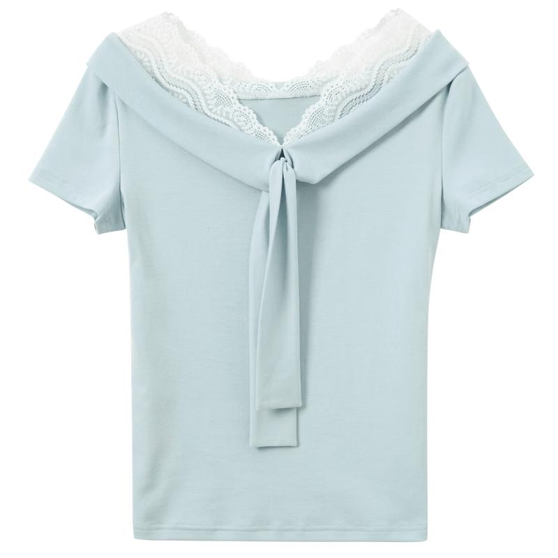 Sancai Women s Cropped Lace V-Neck T-Shirt S