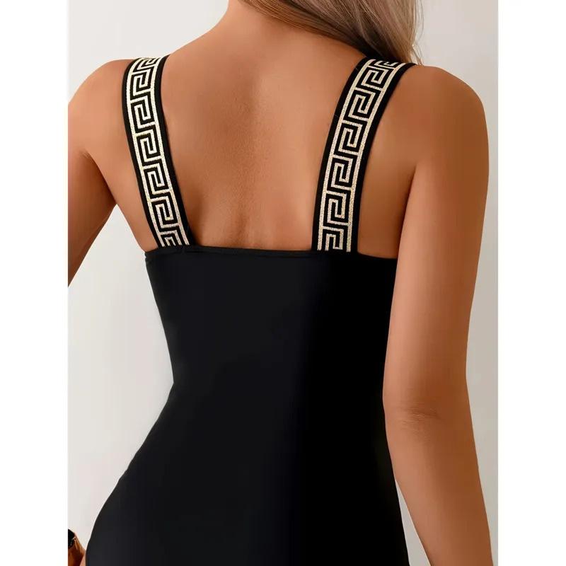 Women One Piece Swimsuit Black Sleeveless Bikini Swimwear With Contrast Trim Wide Straps For Adult Beach Pool Swimming Water Sports