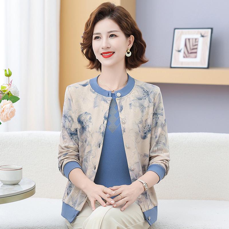 Elegant Floral Knit Cardigan & Slim-Fit Suit for Middle-Aged and Elderly Women, Spring/Autumn Collection
