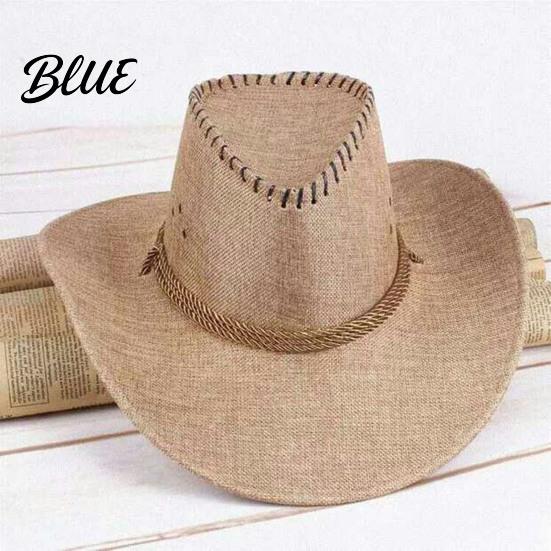 Sun Proof Linen Cap Western Cowboy Hat with Windbreak Rope for Men Wide Brim Fashionable Outdoor Travel Halloween Cosplay Costume Breathable Fedora