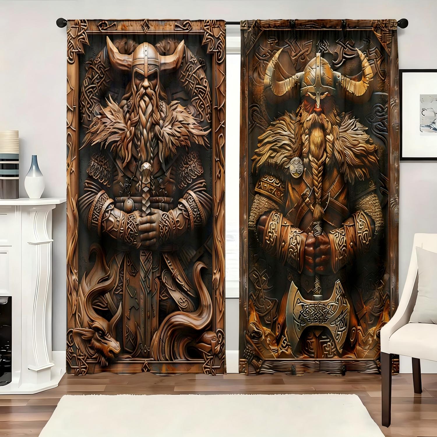 

Viking Warrior Print Curtains Bedroom Living Room Home Decor Holiday Windows Curtain Set Of 2 Made Polyester With Rod Pocket Washable Great Ready W100*H70(CM)-Grommet top&1PCS