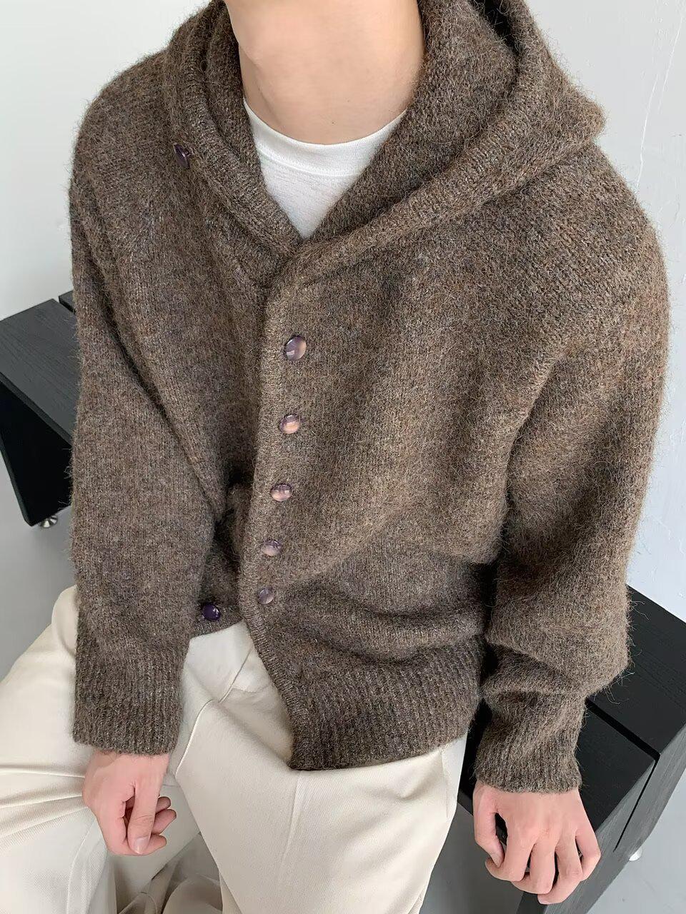 

Japanese Retro Hooded Knit Sweater for Men - Winter Style, Solid Color, Relaxed Fit Cardigan Medium коричневий