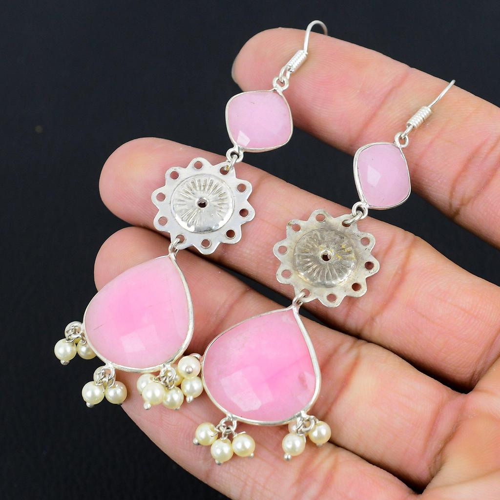 Pear Pink Chalcedony Stone Wife Elegant Dangle Earrings Jewelry Sterling Silver