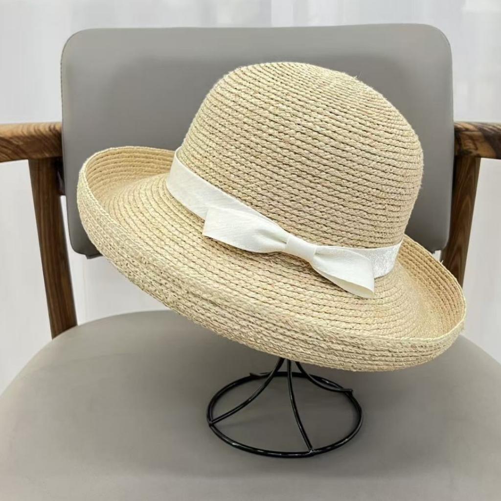 High-end natural raffia bucket hat women's summer travel seaside sunshade sunscreen crimped basin hat