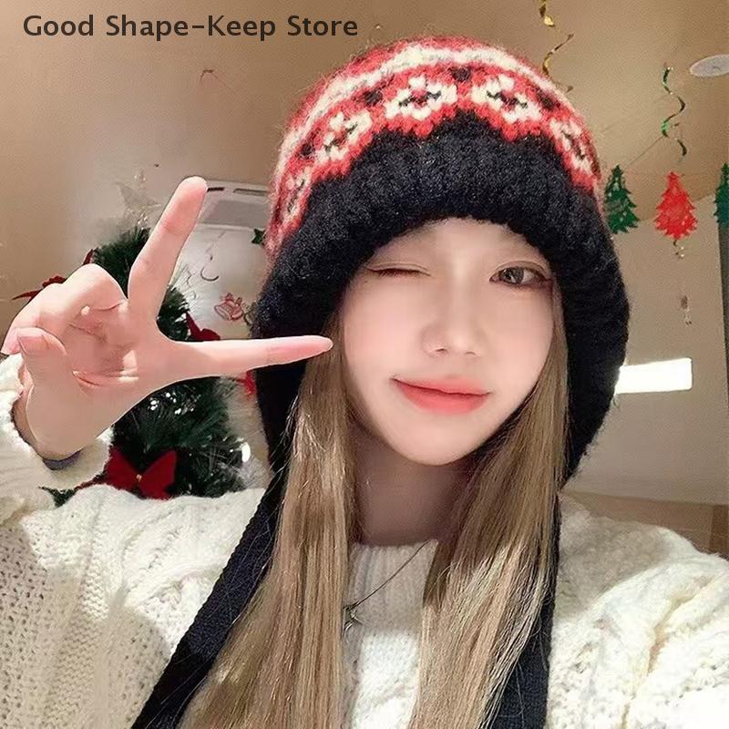 Striped Spliced Knitted Brimless Hat Ethnic Retro Style Woolen Hats Thickened Warm Resistant, Ear Protection Caps, Autumn Winte