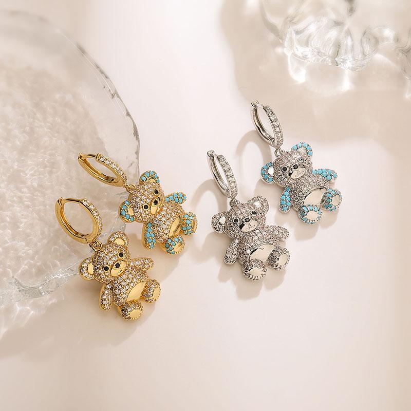 18K Gold Plated Brass Zircon Cute Bear Earrings Necklace Luxury Zircon Set Party Gifts For Women Gifts