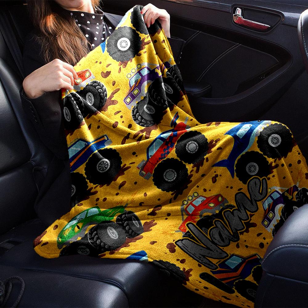 Custom Name Truck Theme Printed Blanket - Perfect for Couch, Bed, Travel & Outdoor Use | Machine Washable, Cozy & Durable.