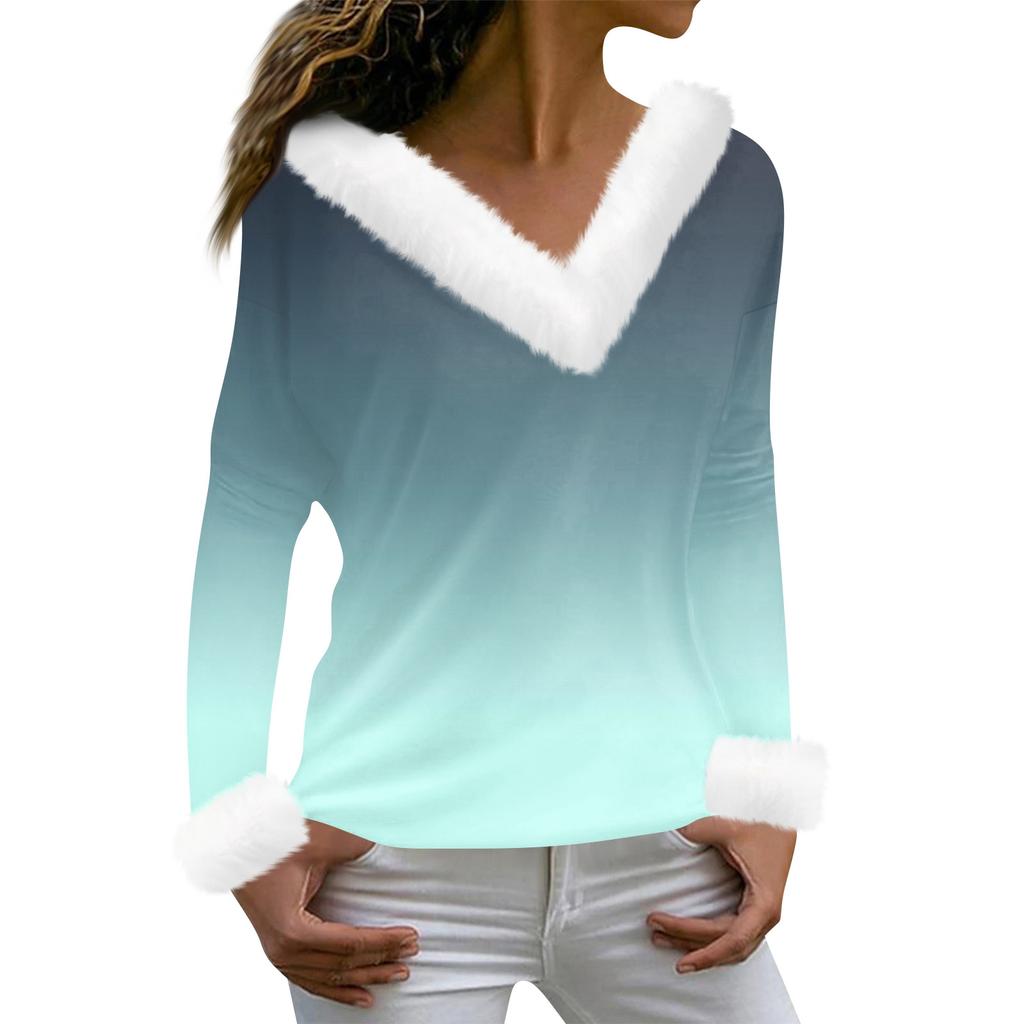 Women's T Shirt Tee Print Shirt Long Sleeve Party Fleece Collar V Neck  Top