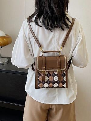 Sac à dos pour femme Argyle Cœur Girly Color Block 2025 - Petit sac d'école bandoulière style coréen mignon